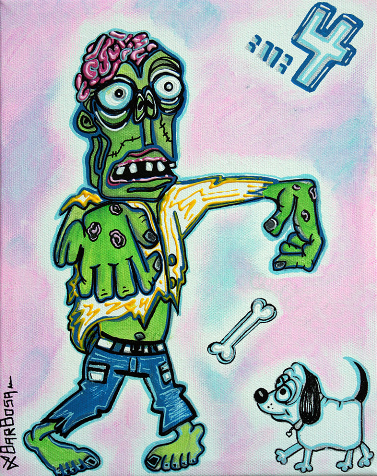My Pet Zombie #4 – Here Boy - Acrylics on Canvas, in Small 8x10 Paintings